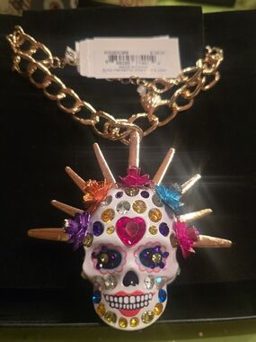 RARE Betsy Johnson Punk Bride Spiked Crown Colorful Jeweled Sugar Skull Necklace